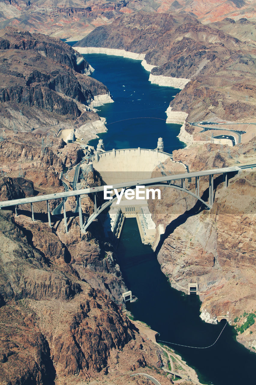 Aerial view of hoover dam over river