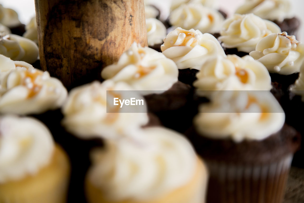 Close-up of vanilla and chocolate cupcakes