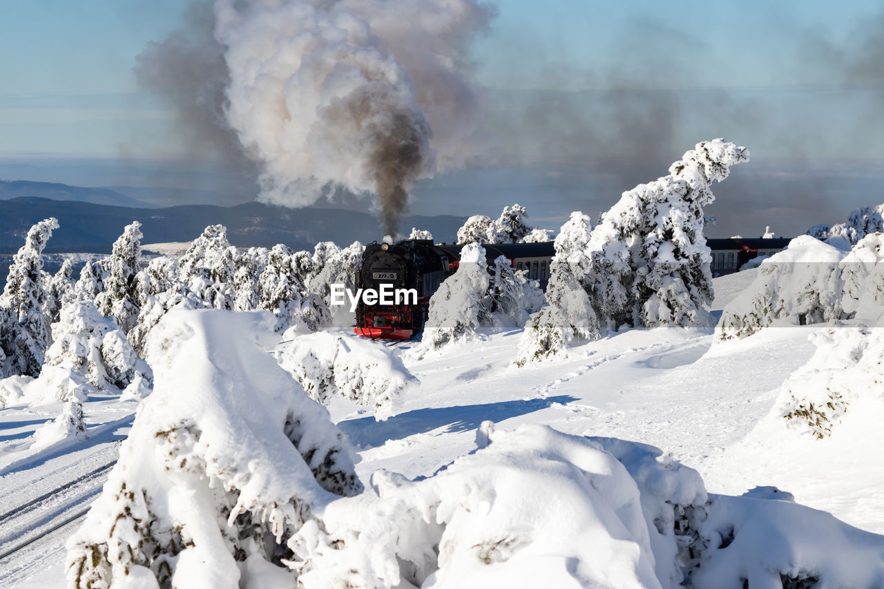 Smoke emitting from steam train amidst snow covered trees and field against sky