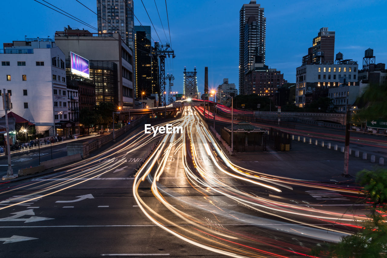 High angle view of light trails on city street