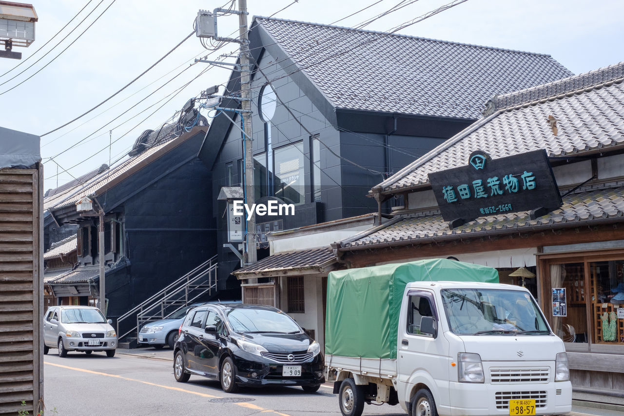 CARS ON ROAD BY BUILDINGS IN CITY