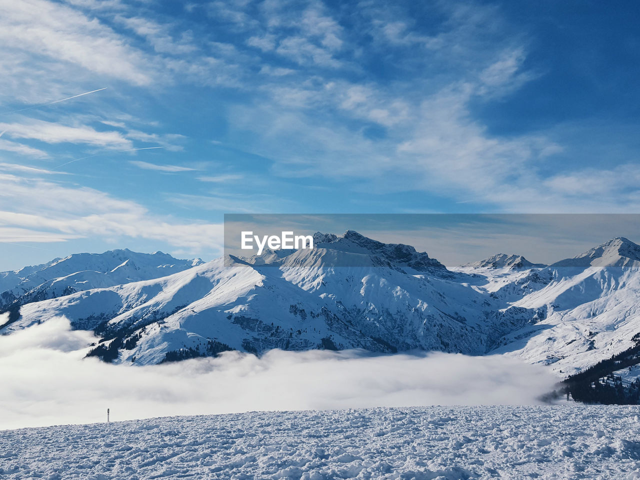 Scenic view of snow covered mountains against sky