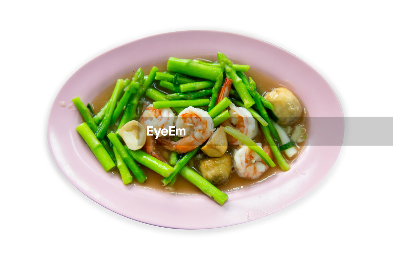 food and drink, food, healthy eating, wellbeing, vegetable, freshness, produce, cut out, plate, meal, dish, white background, meat, studio shot, green bean, asparagus, bean, dinner, indoors, no people, gourmet, green, asian food, serving size, cuisine, white, lunch, seafood, chinese food