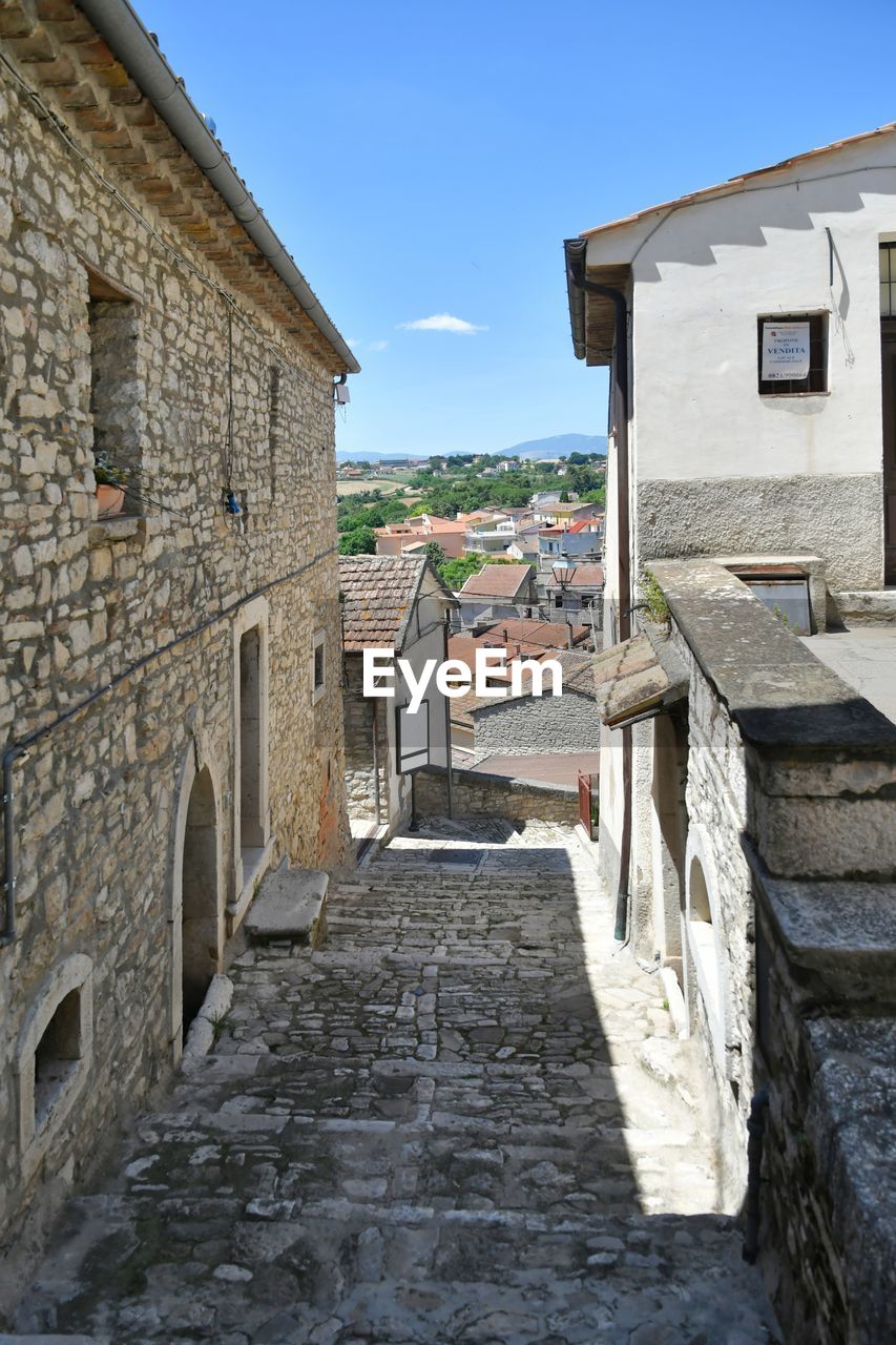 A narrow street of pietrelcina, a mountain town in the province of benevento, italy.