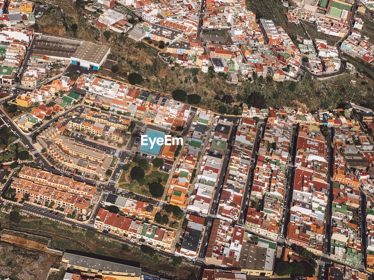 High angle view of buildings in town