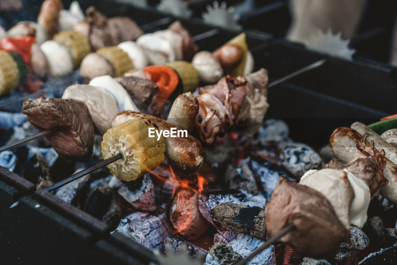 Close-up of meat on barbecue grill