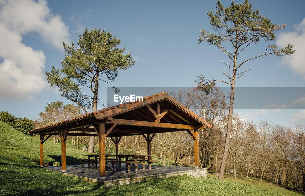 GAZEBO ON LANDSCAPE AGAINST SKY