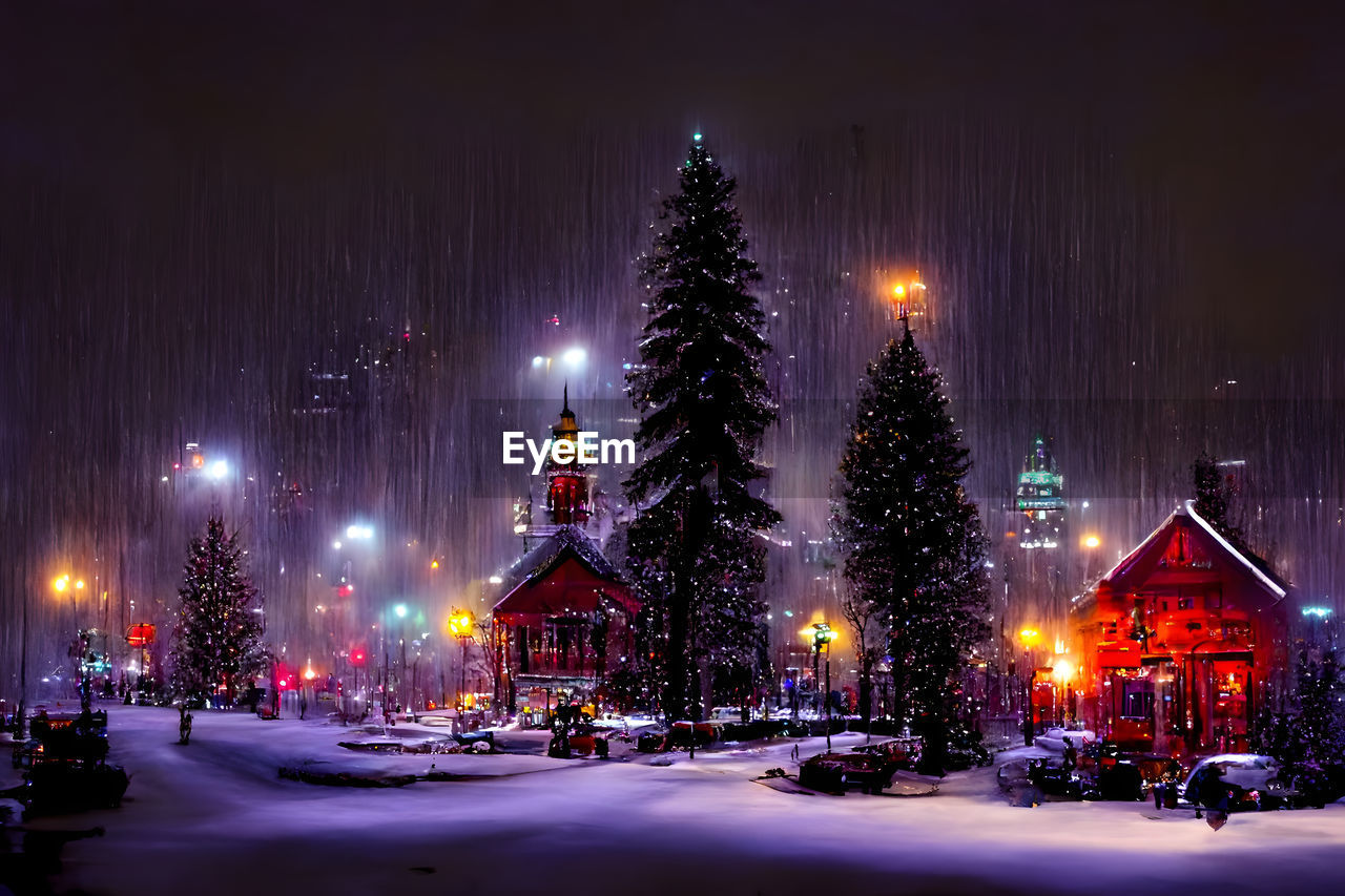 Snowy christmas night in abstract small american town, neural network generated ai art