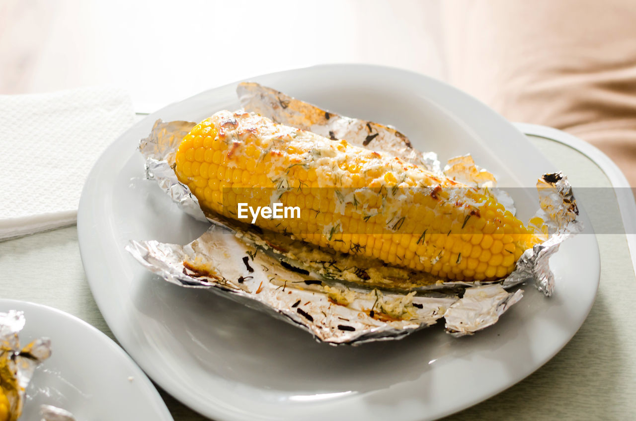 high angle view of food in plate on table