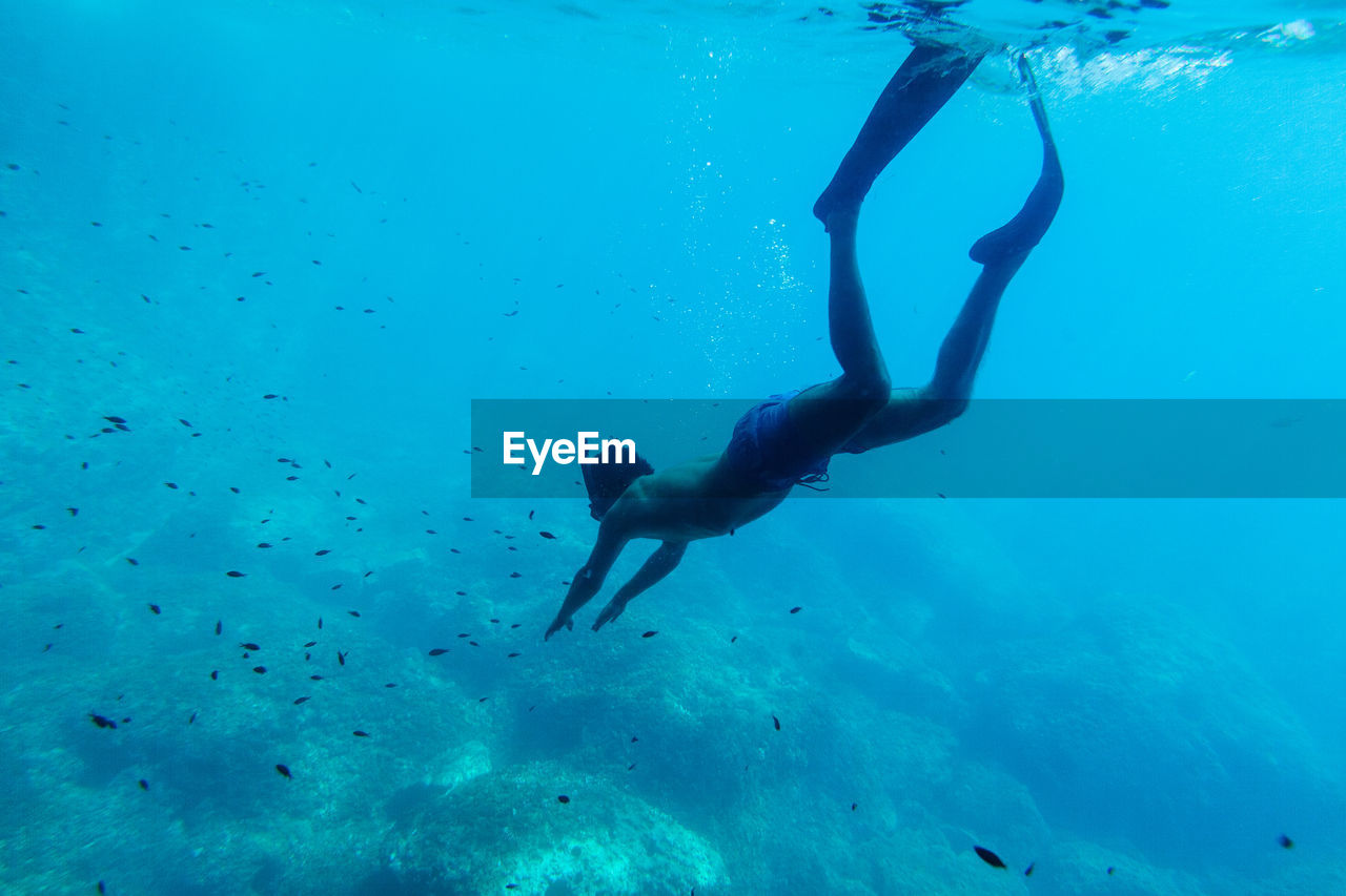 Shirtless young man scuba diving in sea