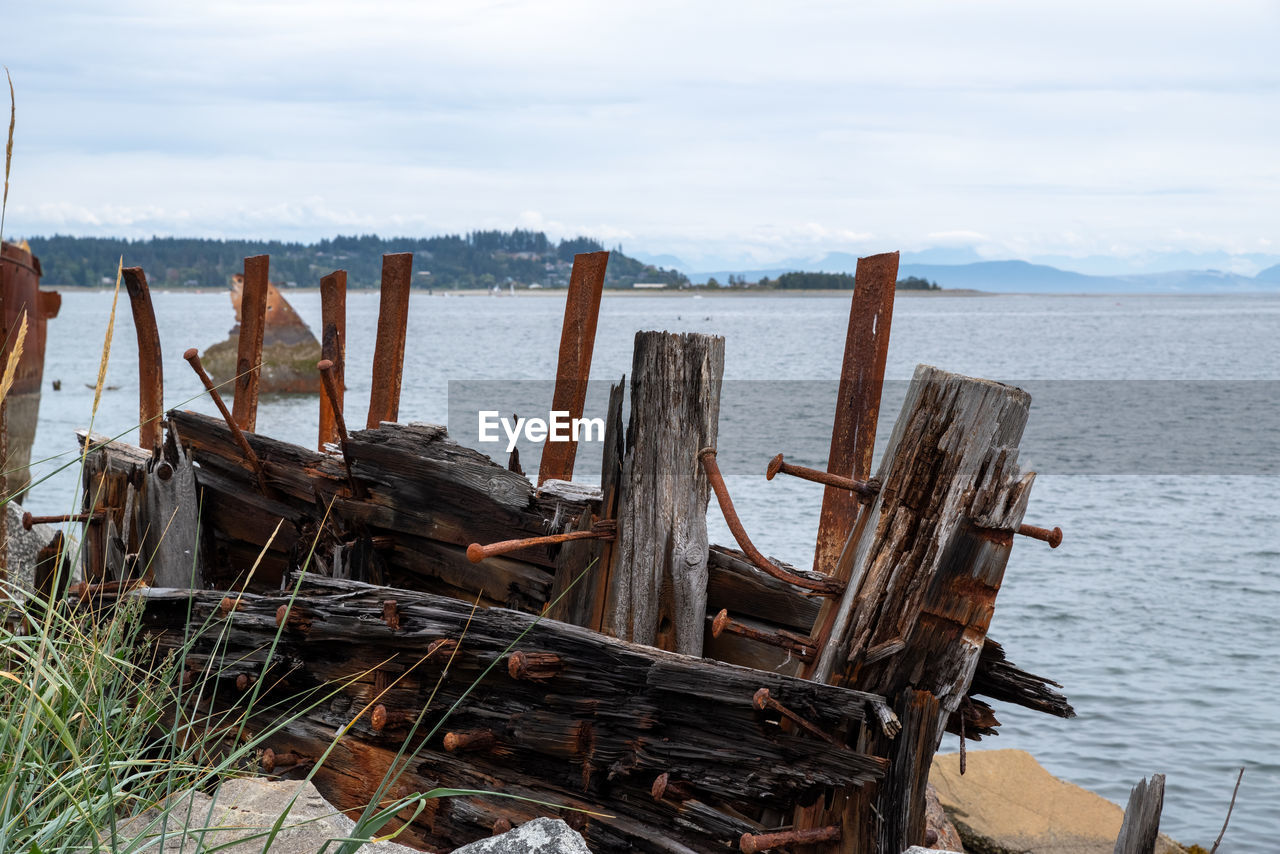 WOODEN POSTS ON BEACH