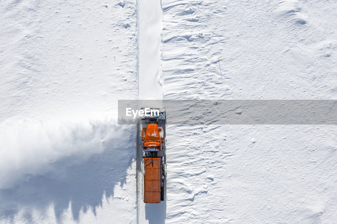 High angle view of snow on frozen boat