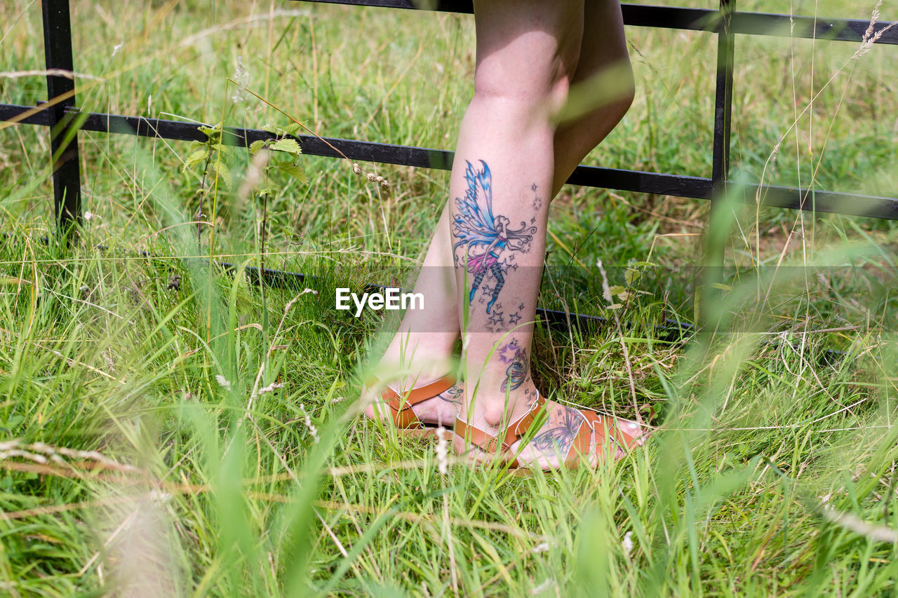 LOW SECTION OF WOMAN WEARING SHOES ON FIELD