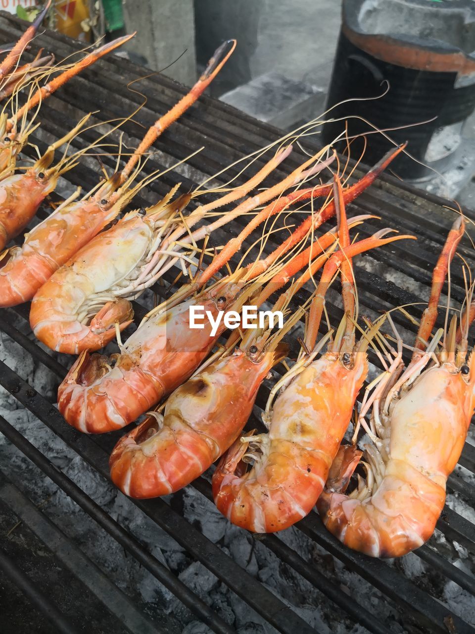 High angle view of prawn on barbecue grill