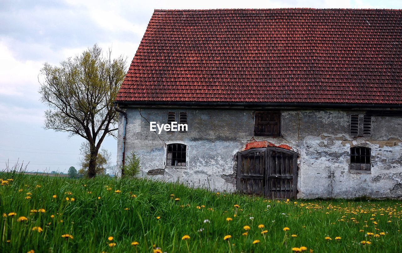 Weathered house on field