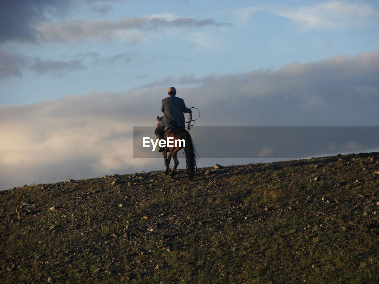 Rear view of man riding horse on land against sky