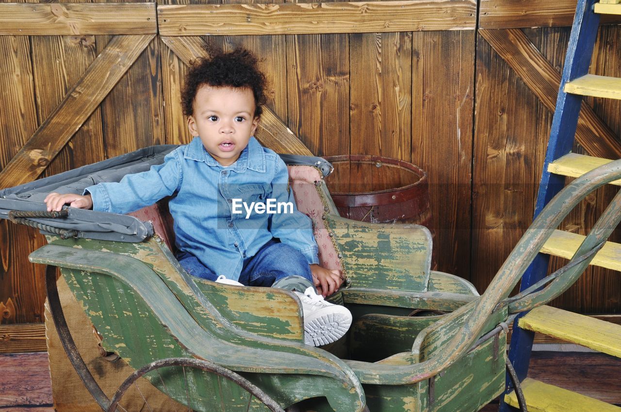 Portrait of boy sitting on wood