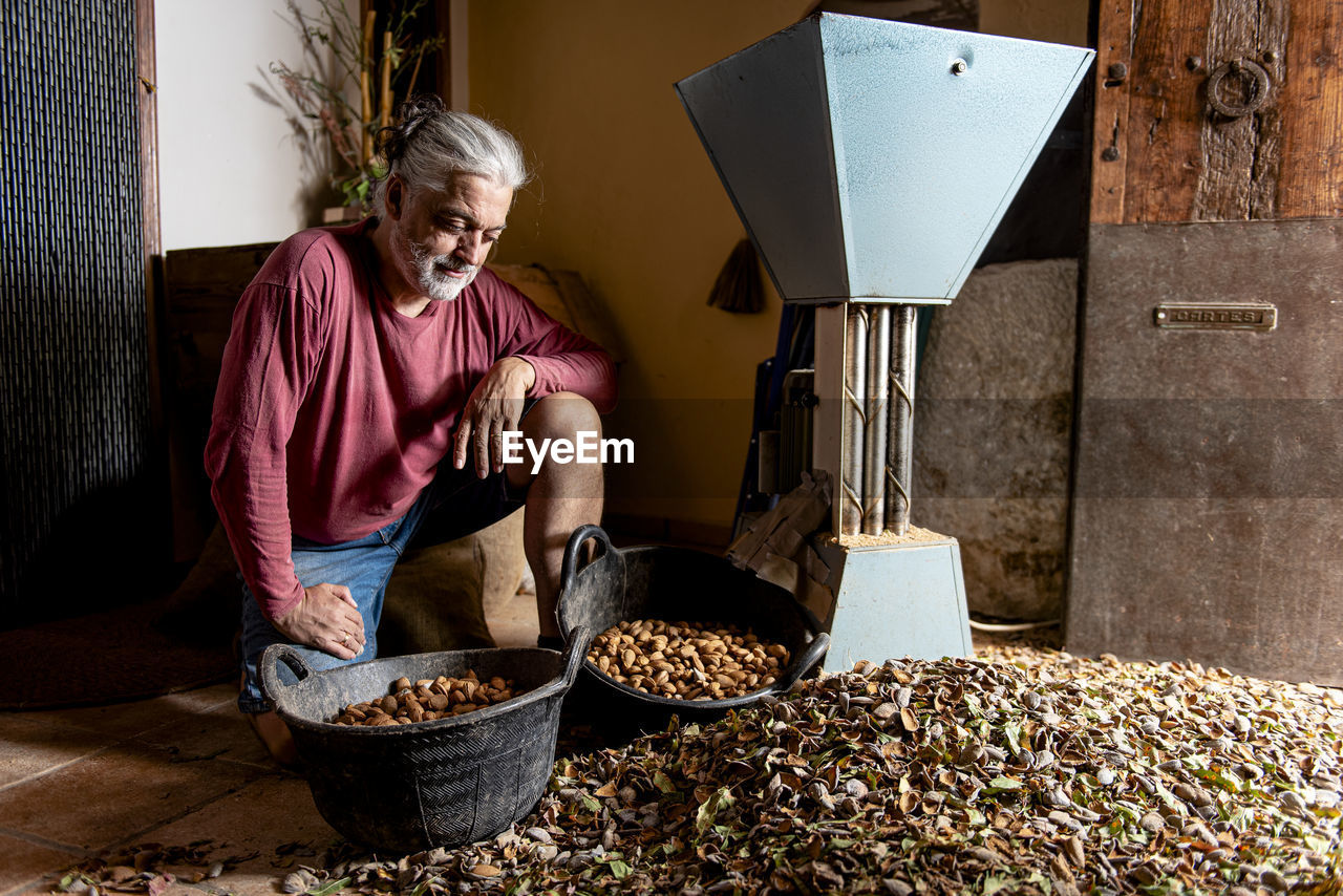Male farmer proudly checking his almond harvest.