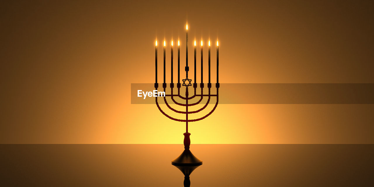candle, illuminated, lighting equipment, glowing, no people, burning, fire, flame, indoors, light fixture, lighting, candle holder, studio shot, nature, orange color, sunset, lamp, menorah, light bulb, colored background, hanukkah, copy space