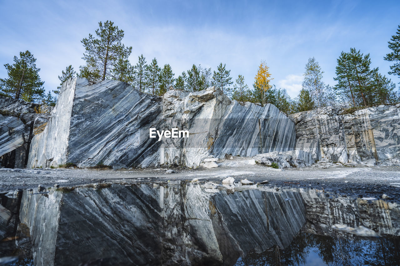 low angle view of waterfall in forest against sky