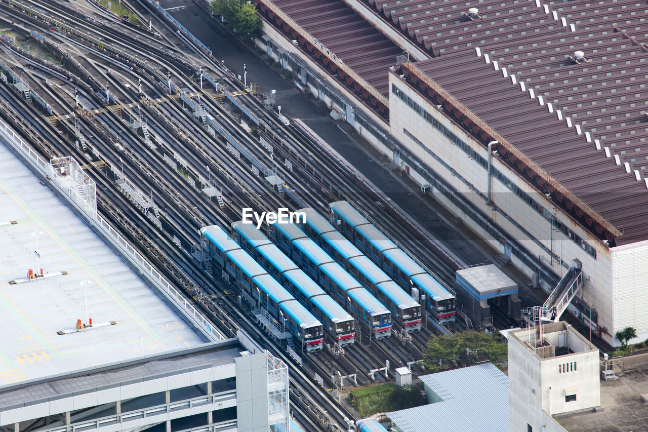 High angle view of trains at shunting yard