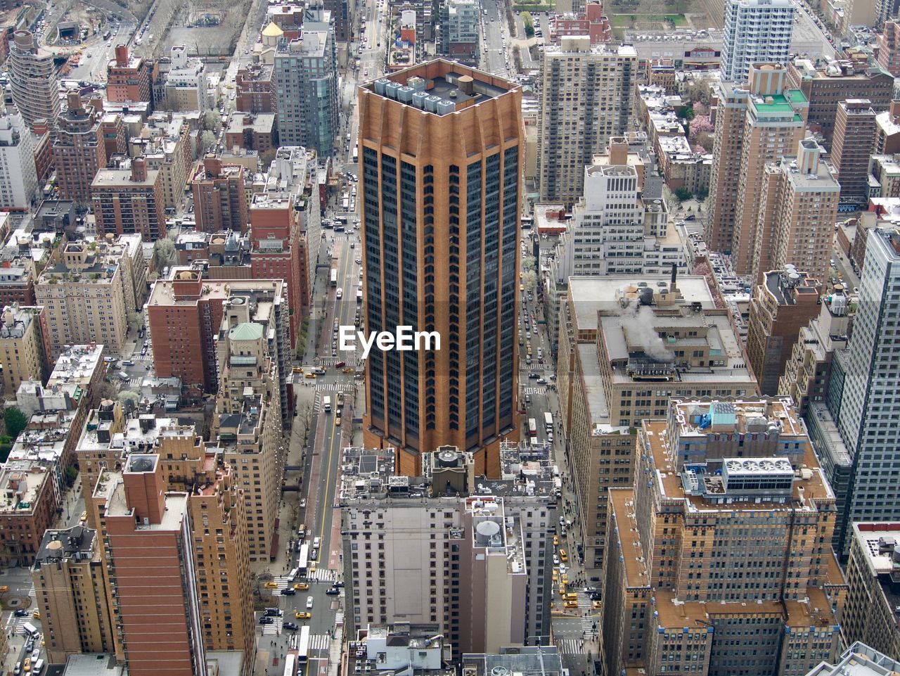 High angle view of modern buildings in city