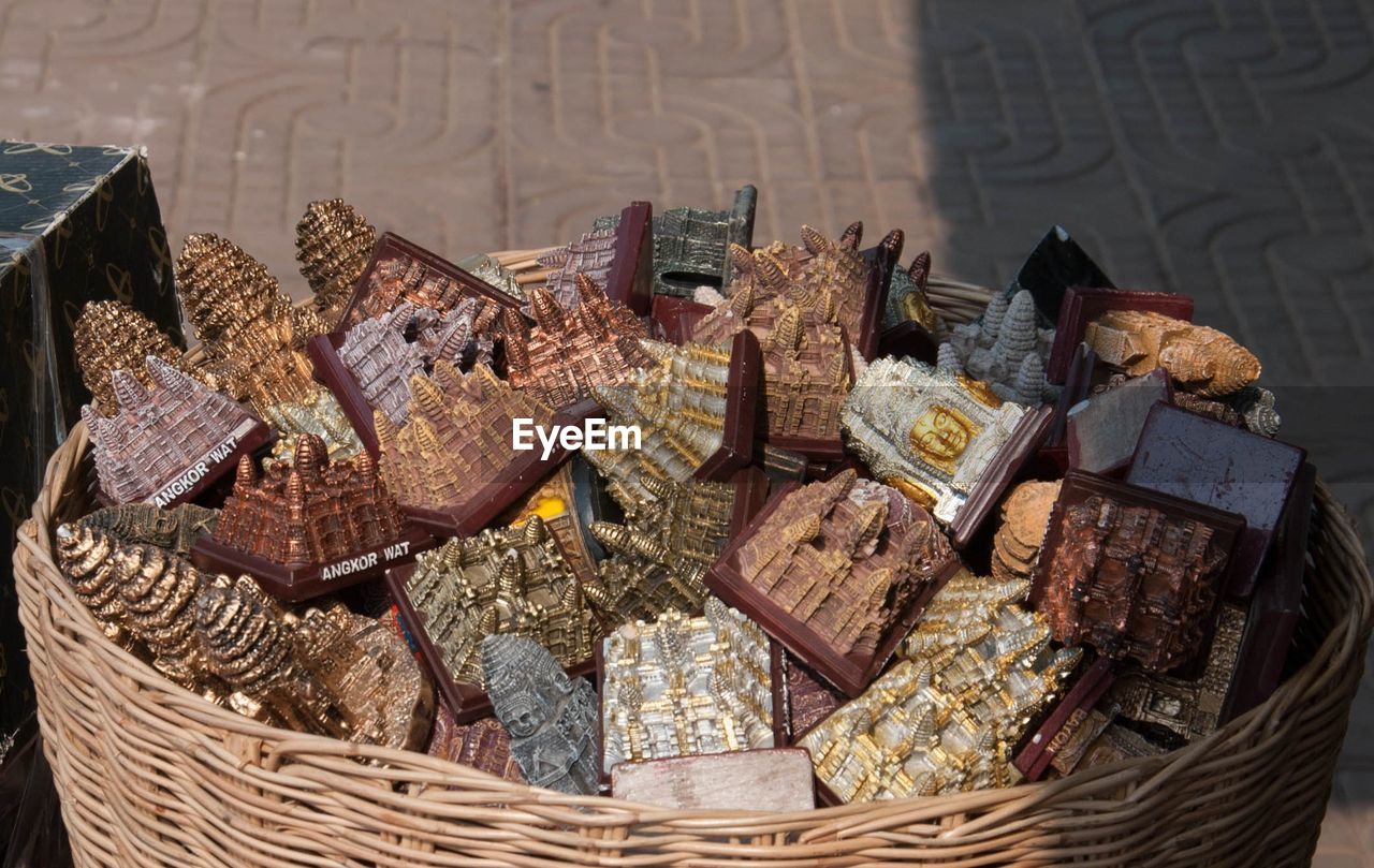 High angle view of wicker basket on table