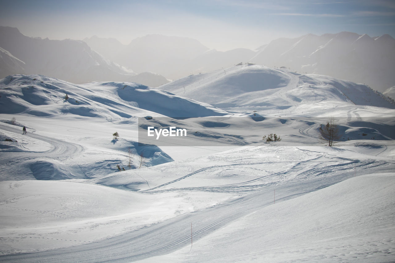 Scenic view of snow covered mountains against sky