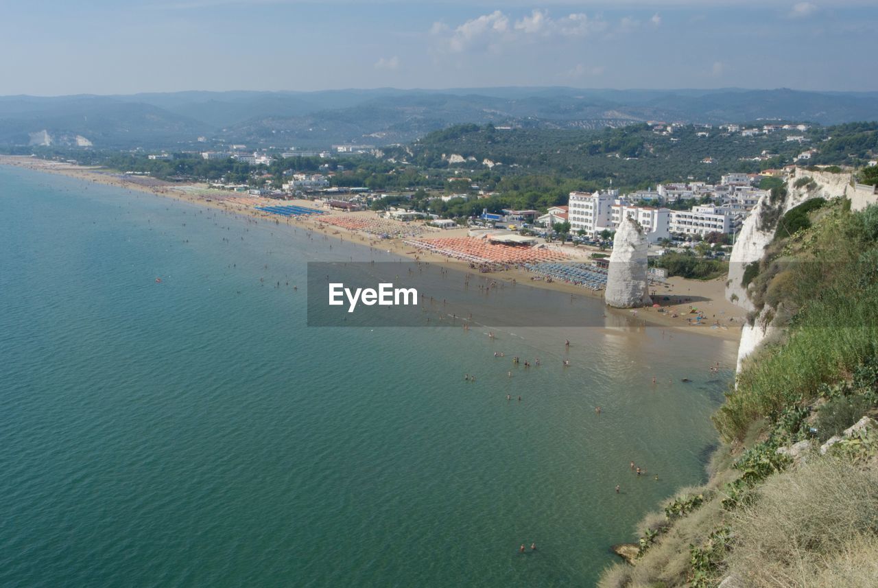 High angle view of beach and buildings in city