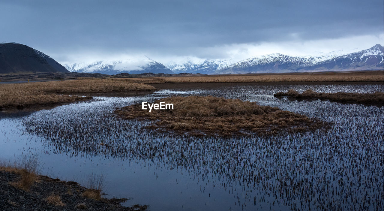 Scenic view of lake and snowcapped mountains against sky