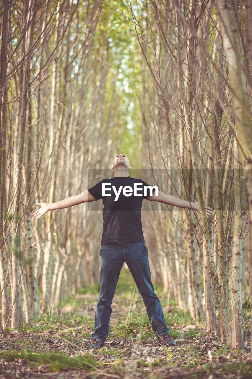 REAR VIEW OF MAN STANDING BY TREE IN FOREST