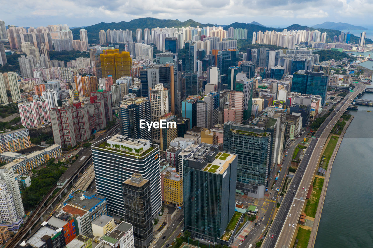 High angle view of modern buildings in city