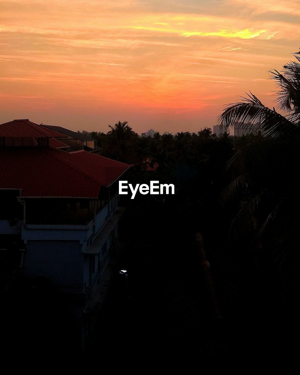 SILHOUETTE TREES AND BUILDINGS AGAINST SKY DURING SUNSET