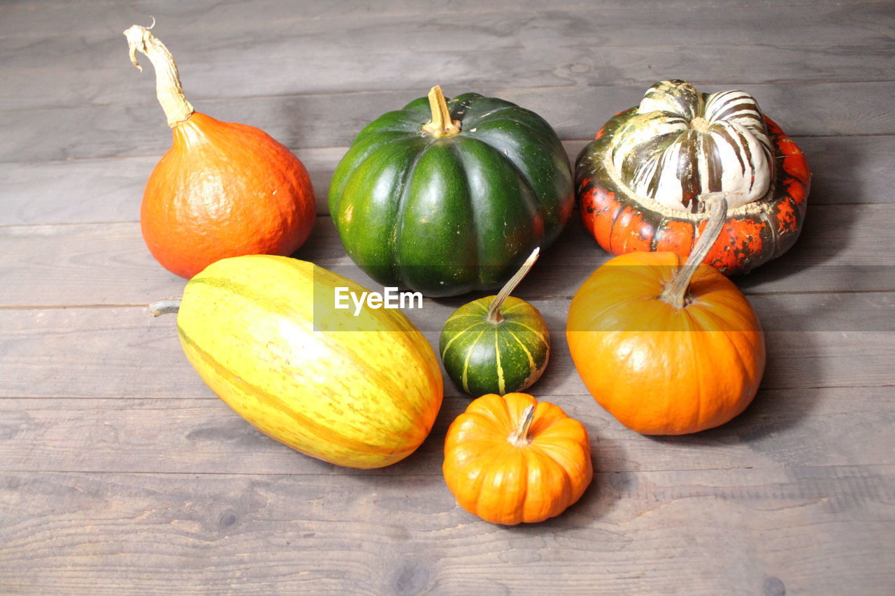 CLOSE-UP OF PUMPKINS ON TABLE