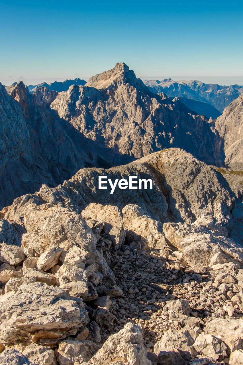 Scenic view of rocky mountains against clear sky