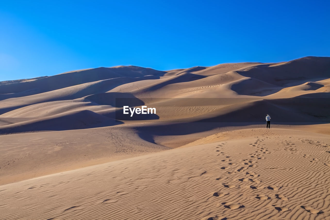 SCENIC VIEW OF SAND DUNE AGAINST CLEAR SKY