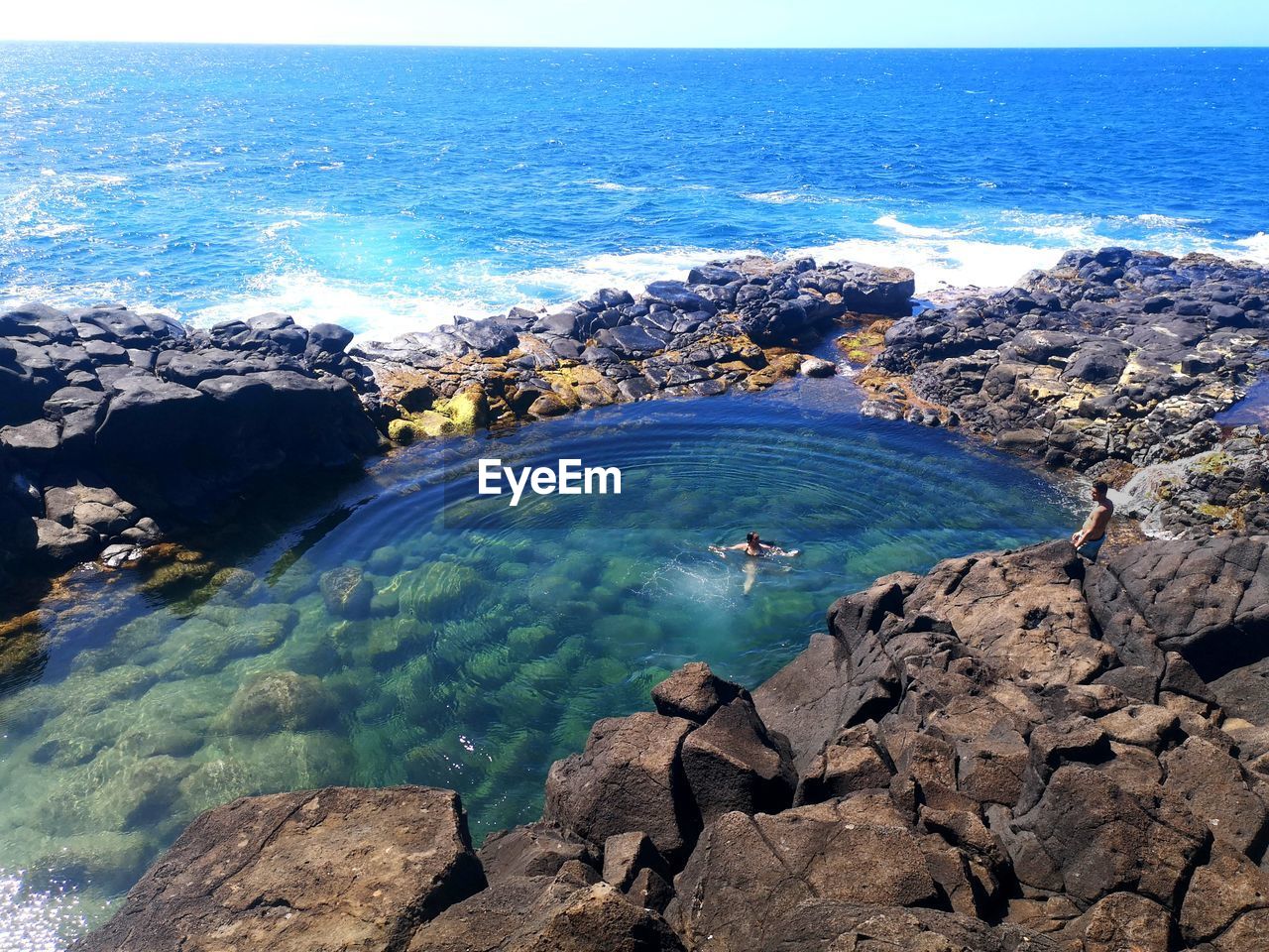 High angle view of rocks by sea against sky