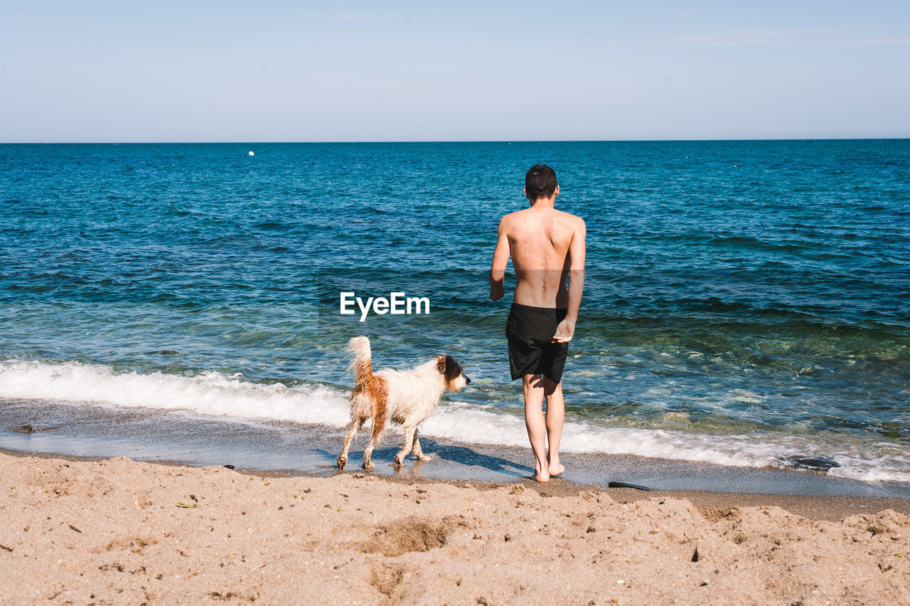 REAR VIEW OF MAN WITH DOG AT BEACH
