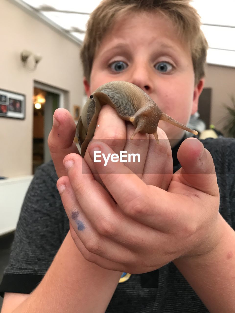 Surprised boy holding snail