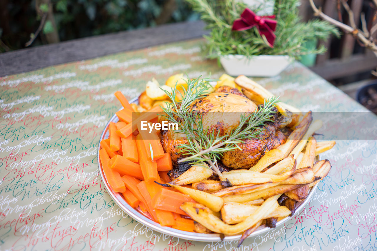 High angle view of food in plate on table