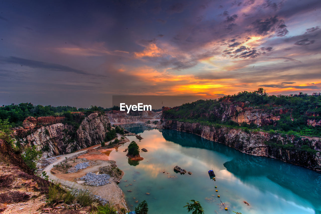 Aerial view of city at sunset