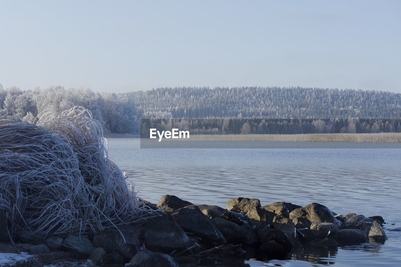 Scenic view of lake against clear sky