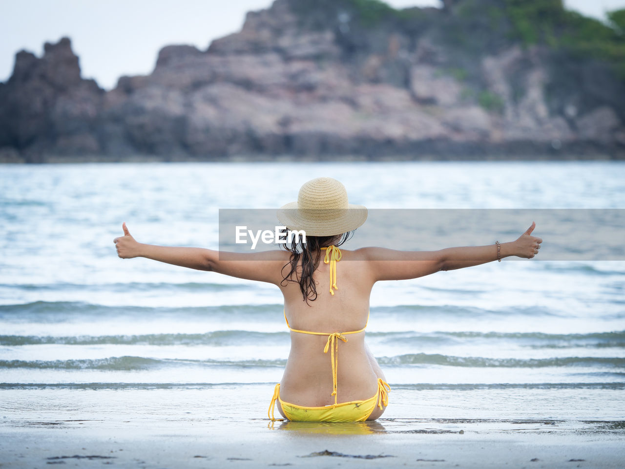 Rear view of woman in bikini sitting on shore at beach