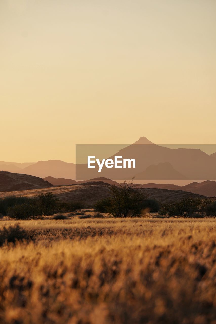 Scenic view of landscape against clear sky during sunset