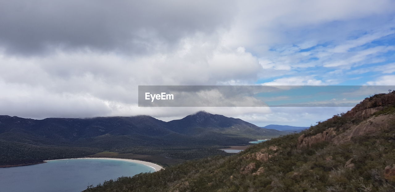 Scenic view of lake and mountains against sky