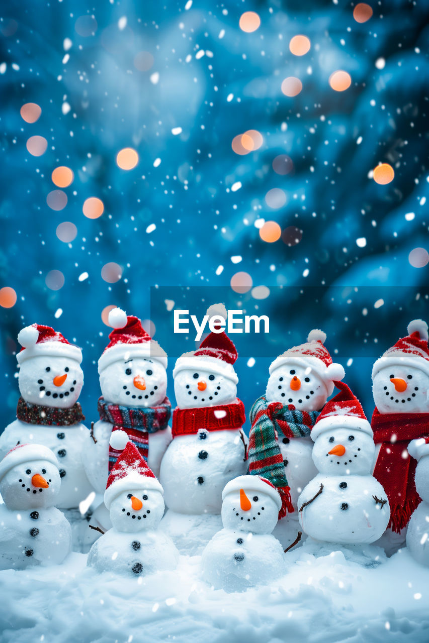 snowman, snow, winter, cold temperature, christmas, christmas tree, celebration, holiday, no people, snowflake, nature, event, decoration, christmas decoration, large group of objects, representation, blue