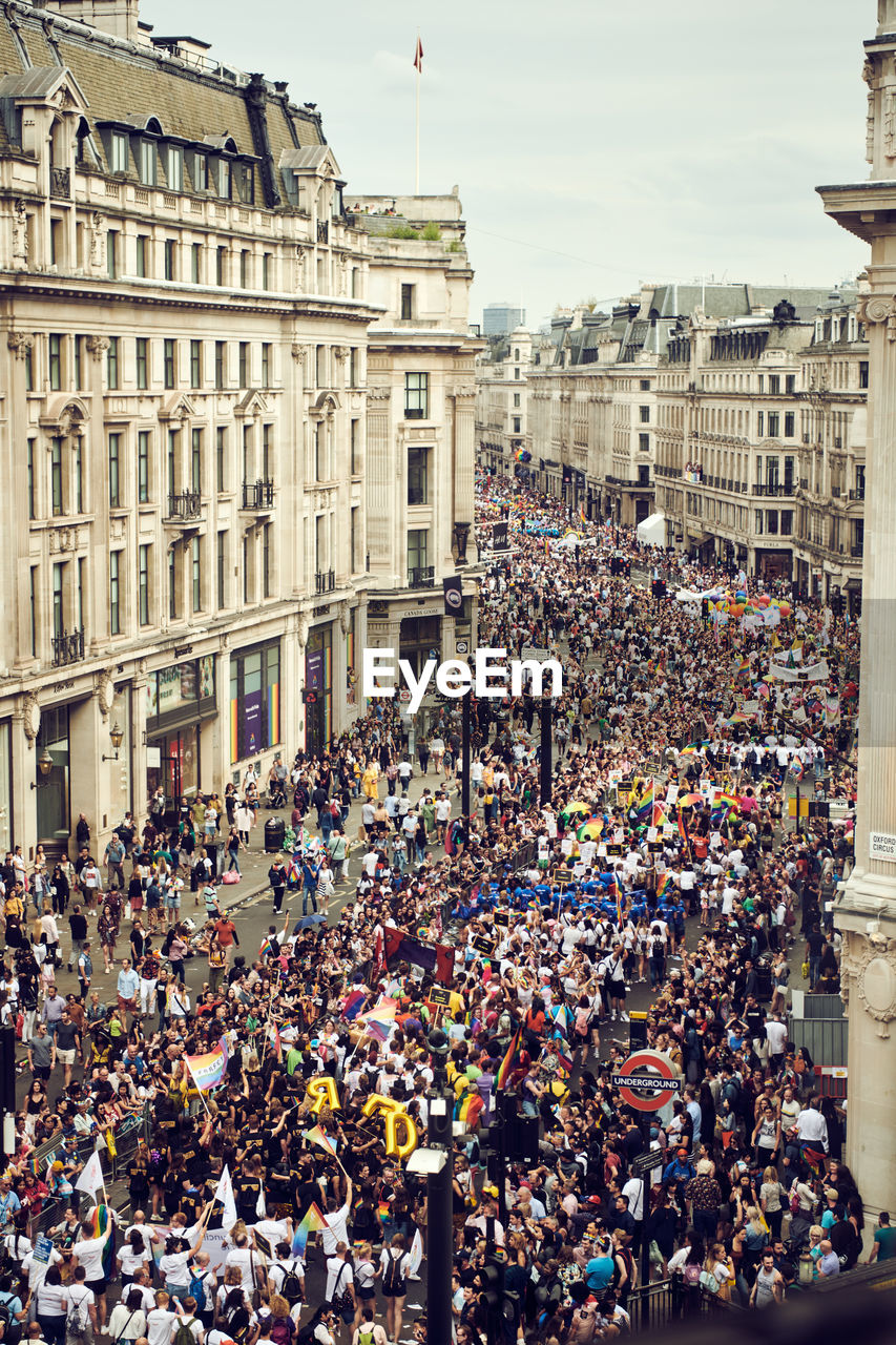 High angle view of pride march in london 2019