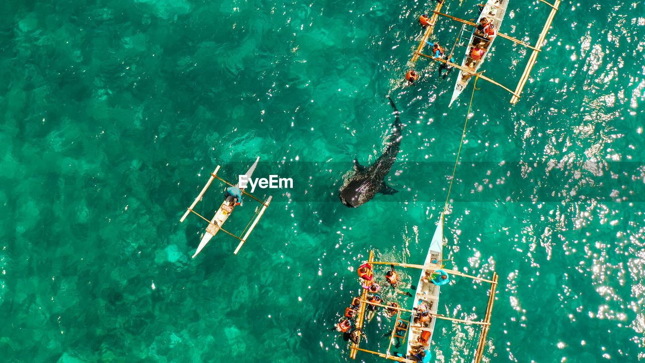 HIGH ANGLE VIEW OF PEOPLE SWIMMING ON SEA