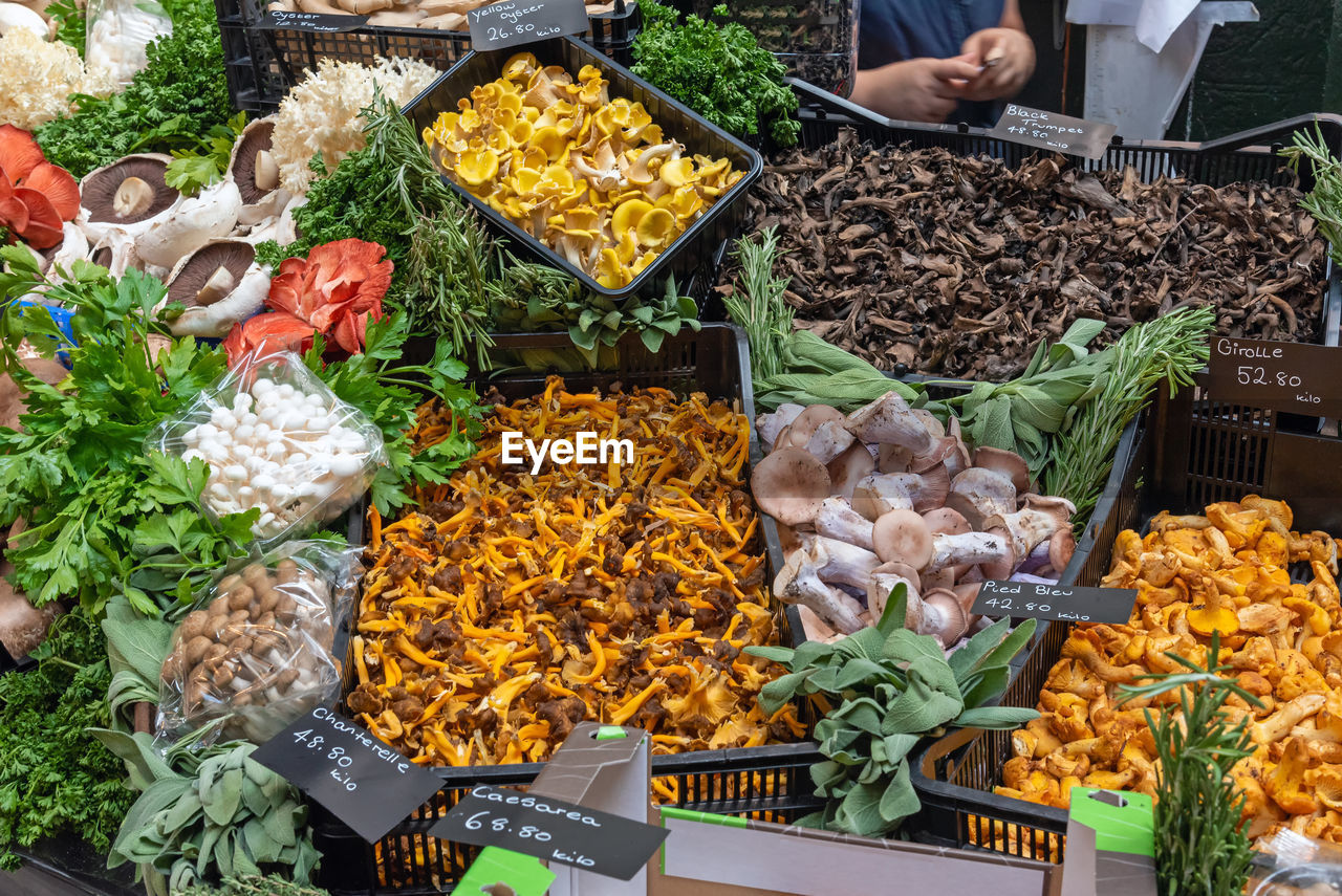 Different kinds of mushrooms for sale at a market in london, uk