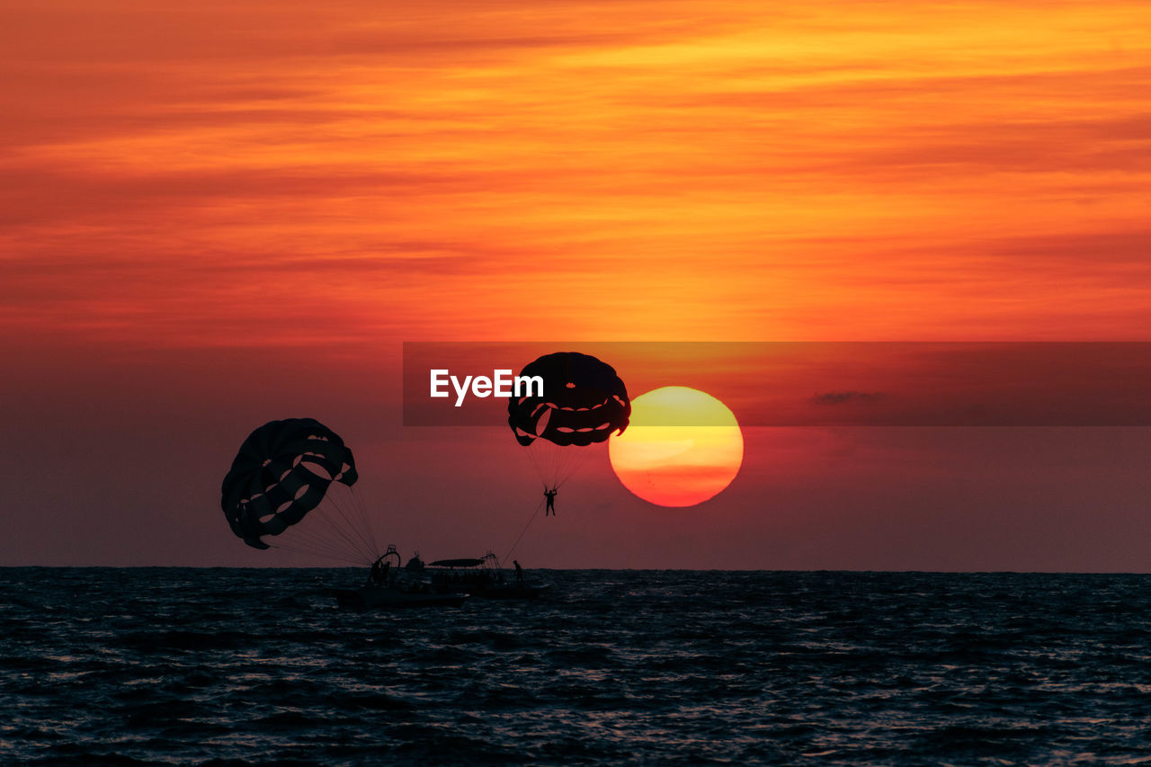 Silhouette of people parasailing in the sea at sunset time.